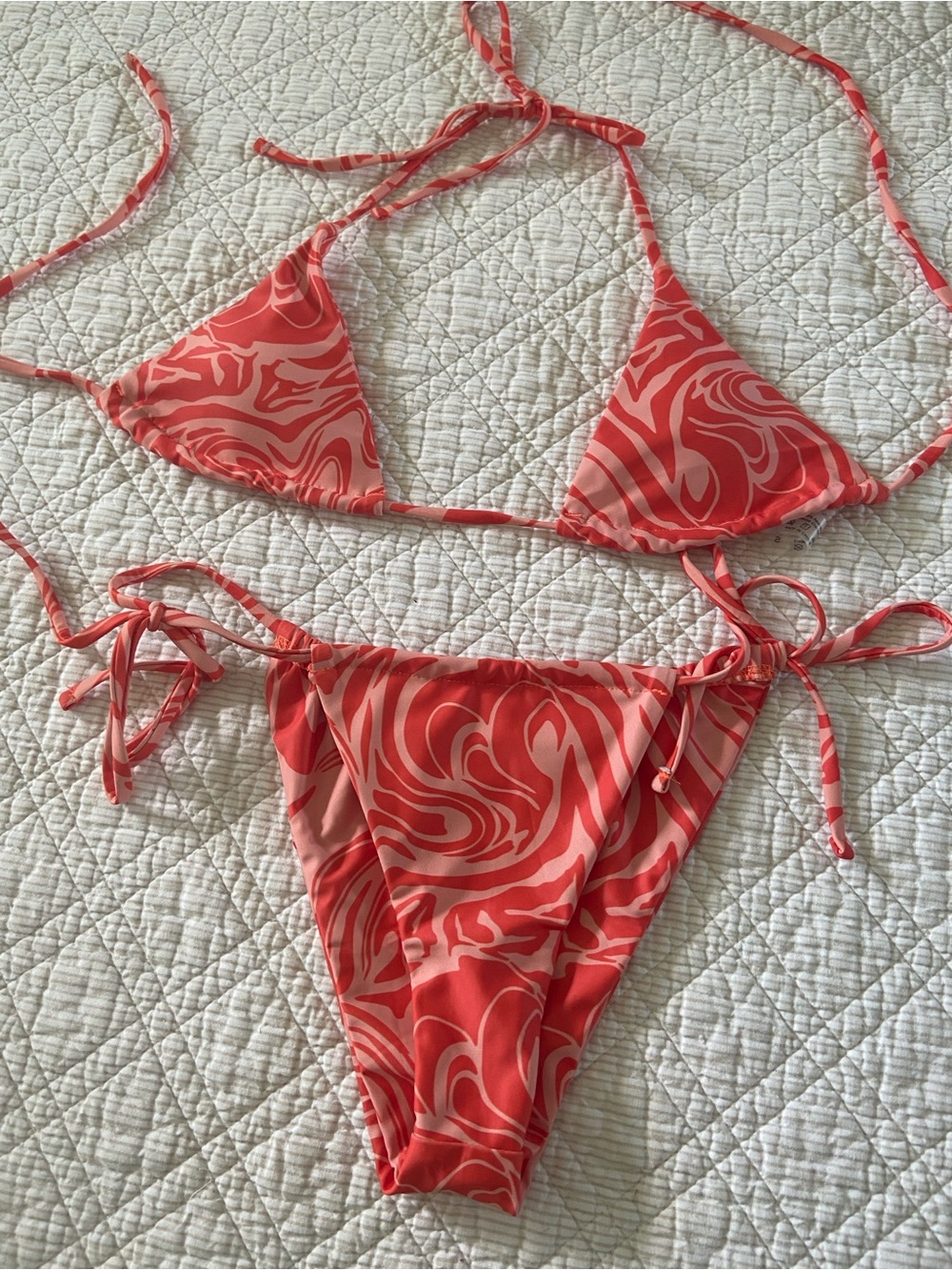 Swirl Print Tie Side Bikini Set - Coral Pink